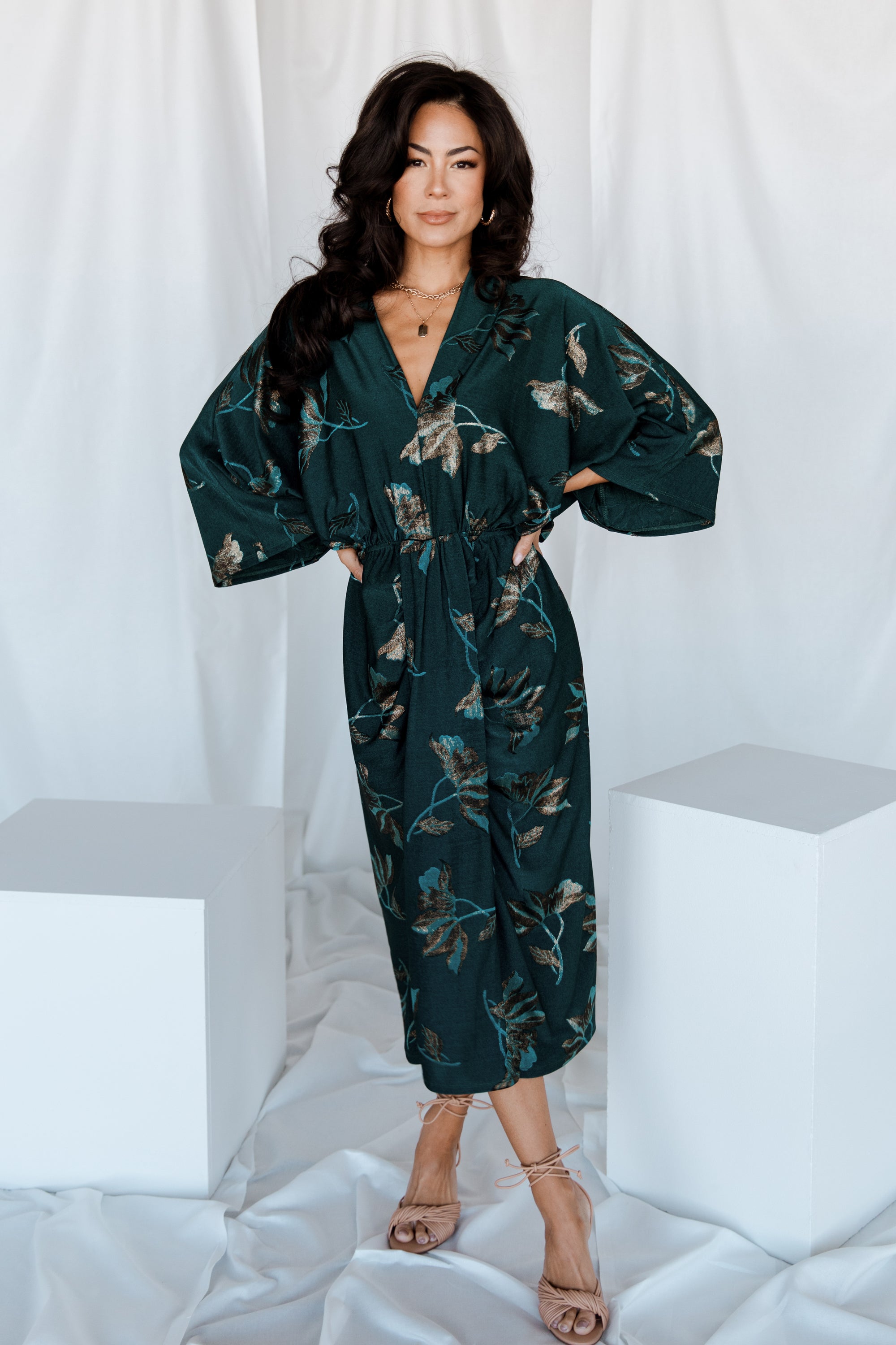Shaneen Ruched Midi Dress | Jade Floral Shimmer Secondary image