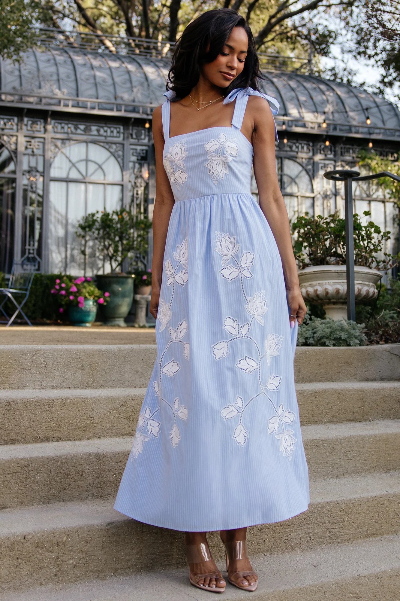 Enora Embroidered Maxi Dress | Blue + White Floral Secondary image