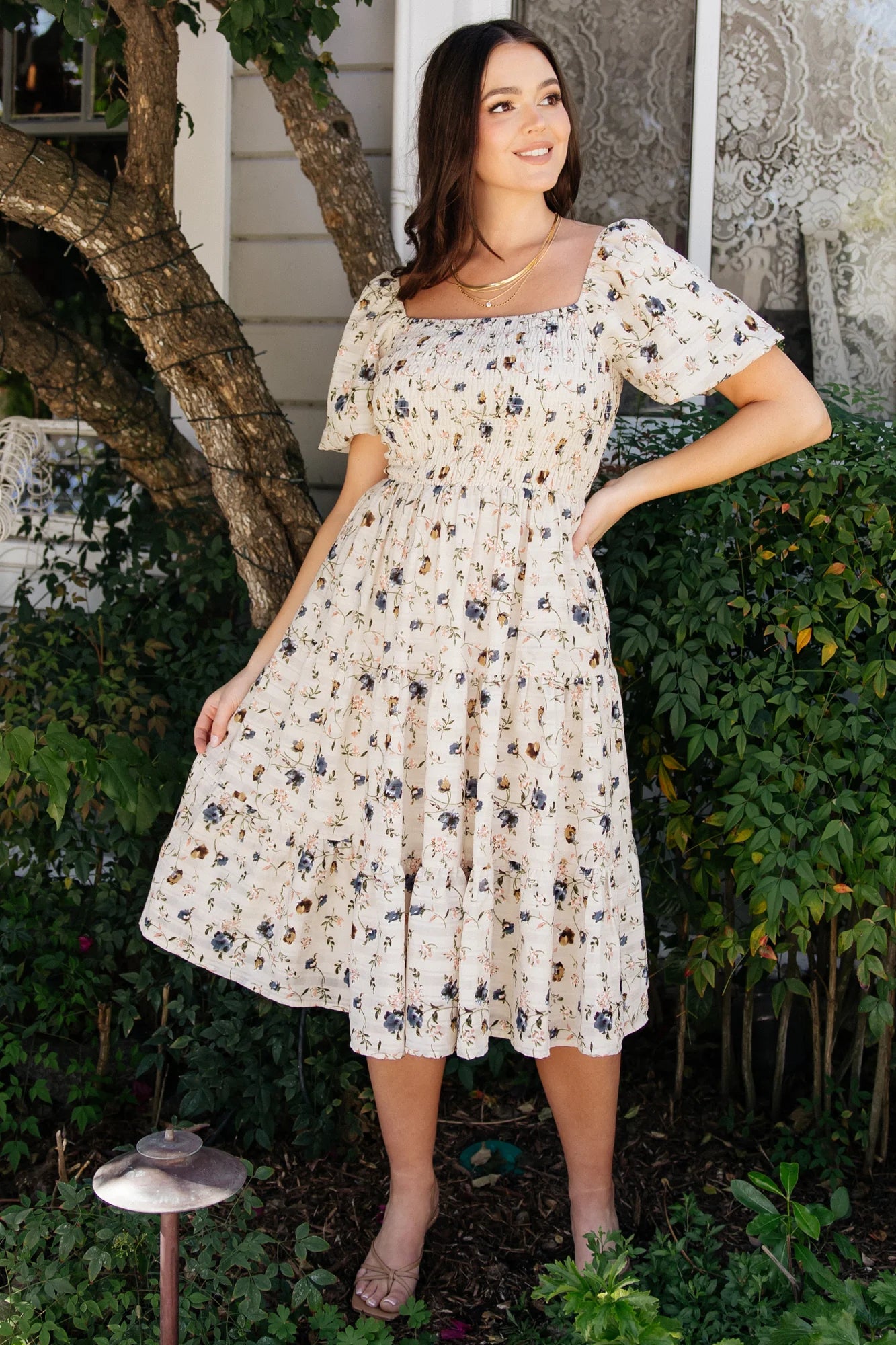 Mattea Smocked Midi Dress | Beige Floral Secondary image