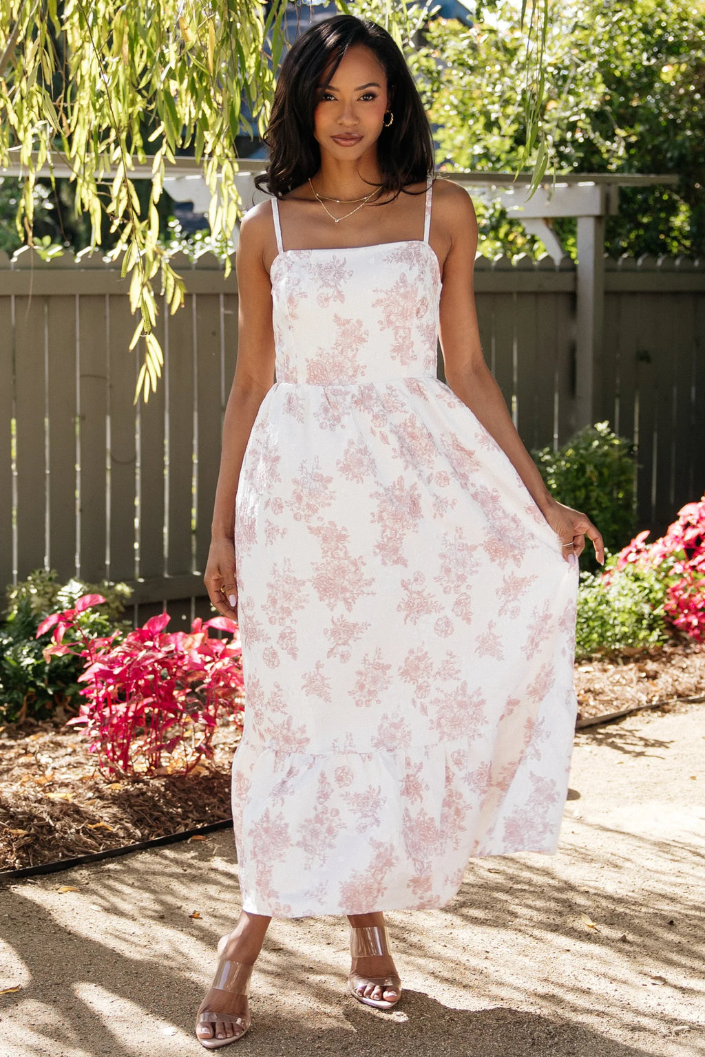 Cherie Jacquard Dress | Off White + Pink Floral