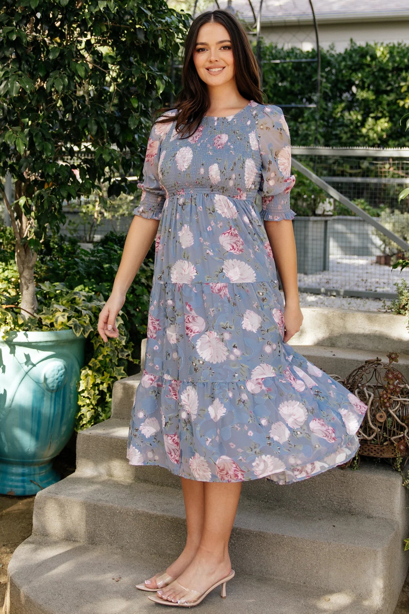 Nellie Smocked Midi Dress | Dusty Blue Floral Secondary image