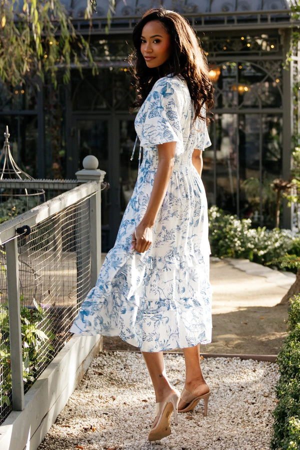 Willow Boho Midi Dress | White + Blue