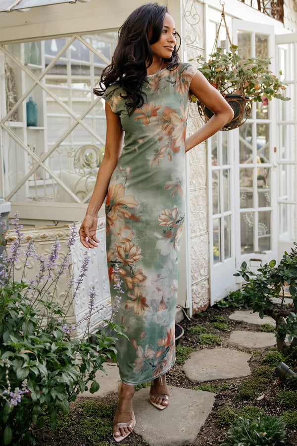 Daniela Mesh Midi Dress | Dusty Sage Floral