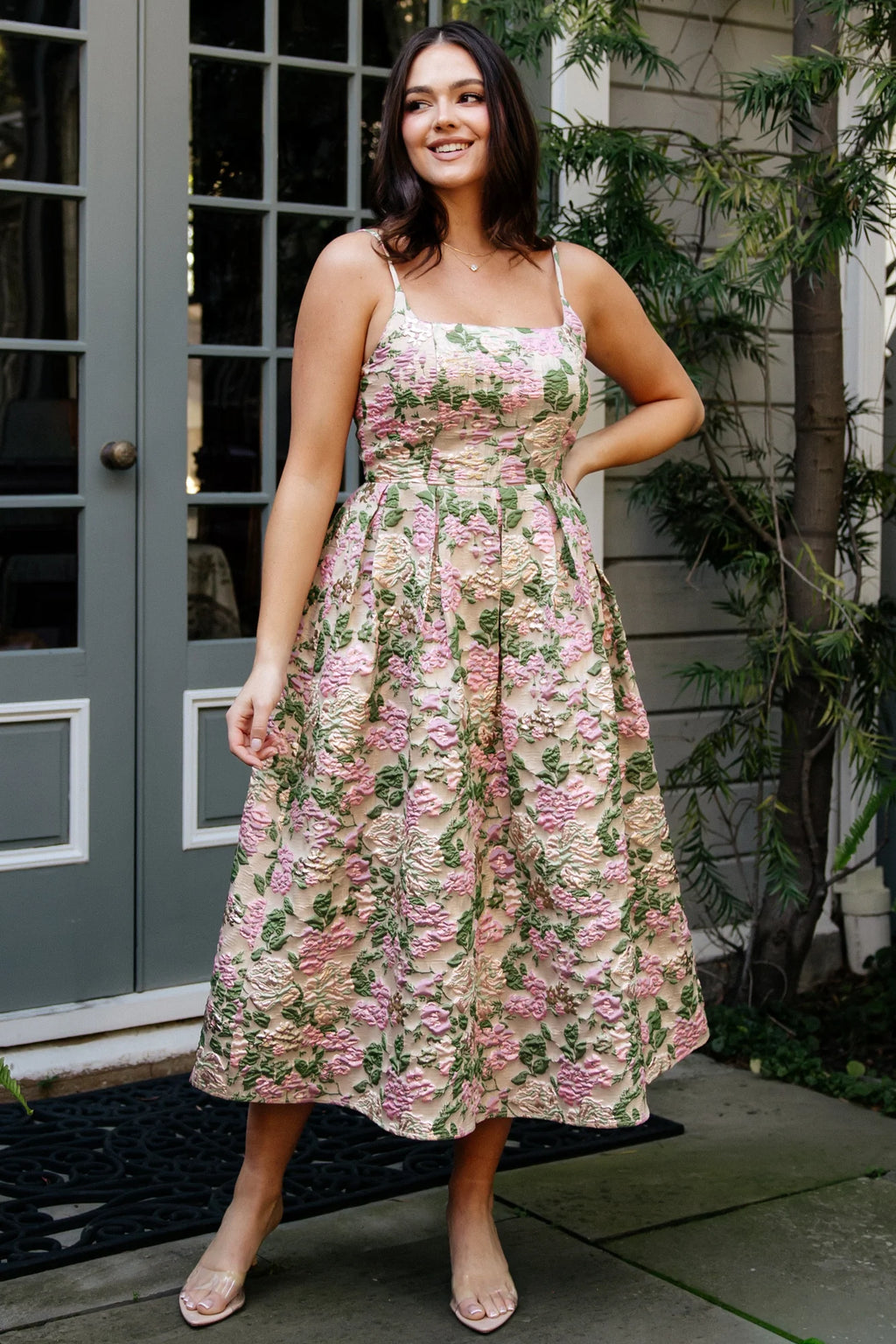 Antoinette Embossed Midi Dress | Champagne Multi Floral
