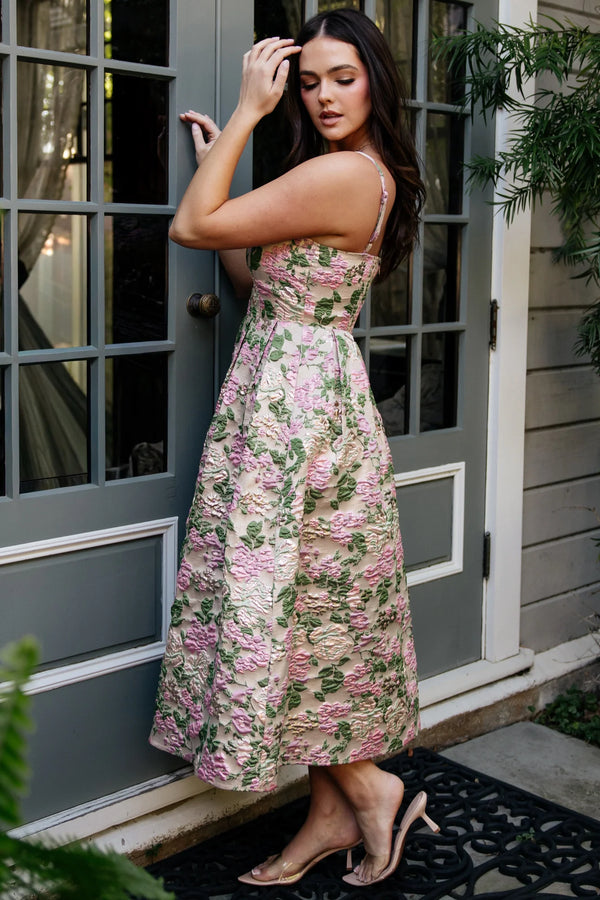 Antoinette Embossed Midi Dress | Champagne Multi Floral