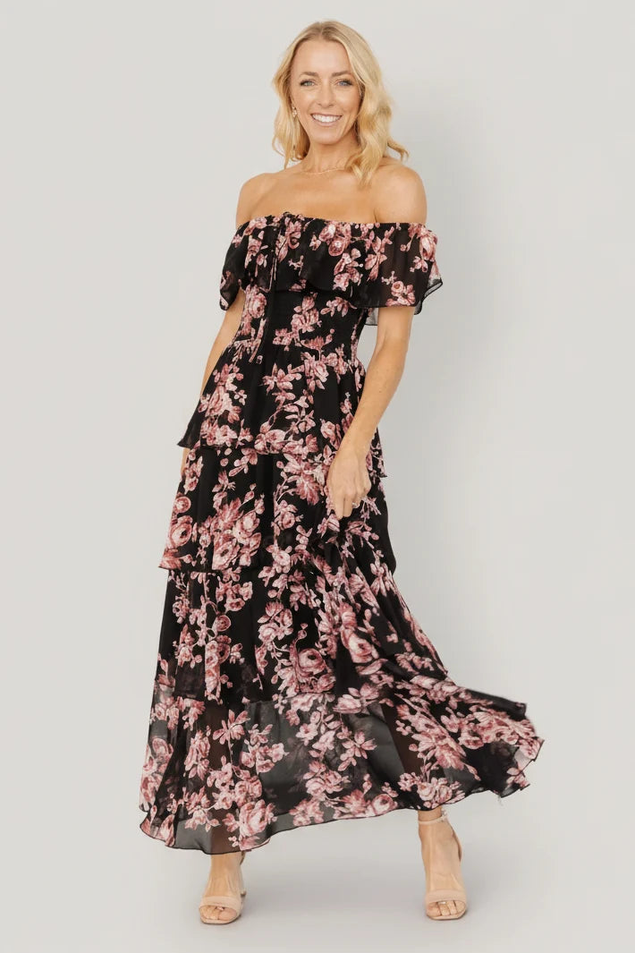 Carina Off Shoulder Maxi Dress | Black + Mauve Floral