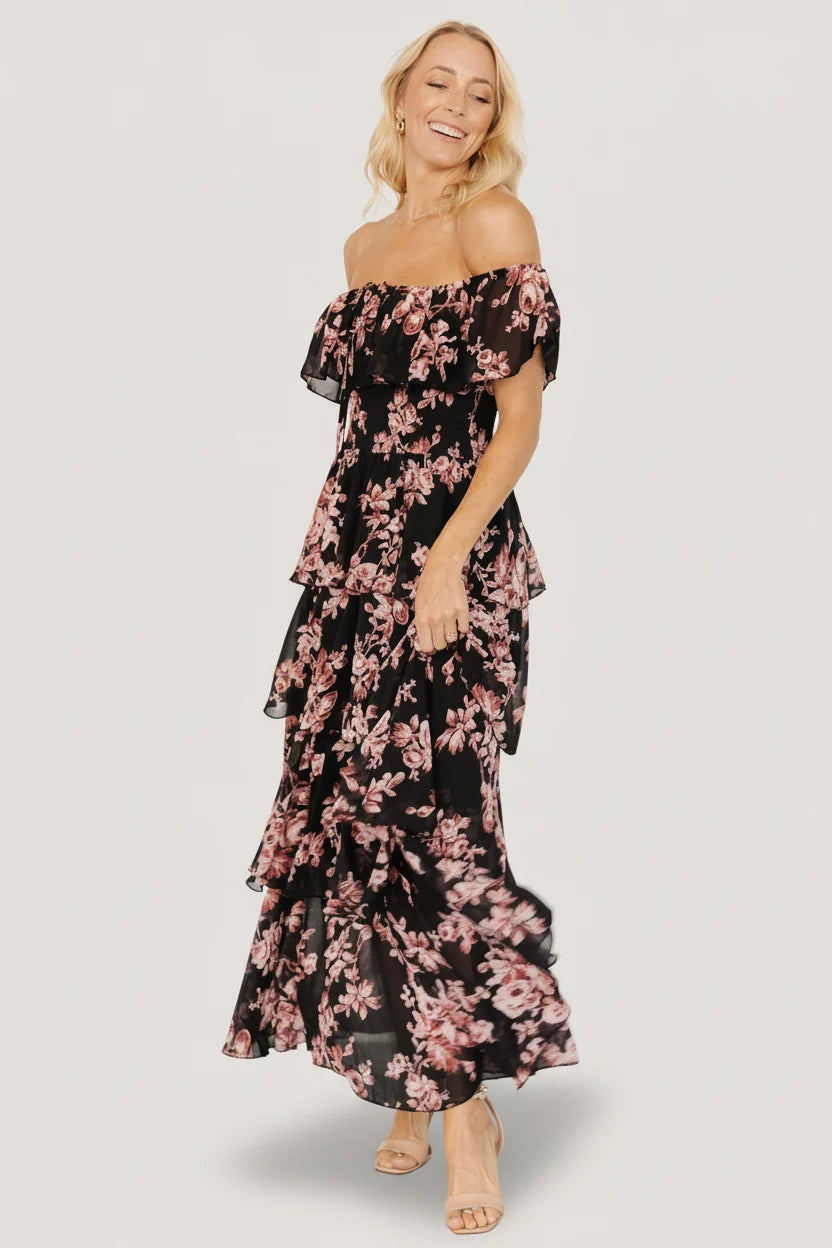 Carina Off Shoulder Maxi Dress | Black + Mauve Floral
