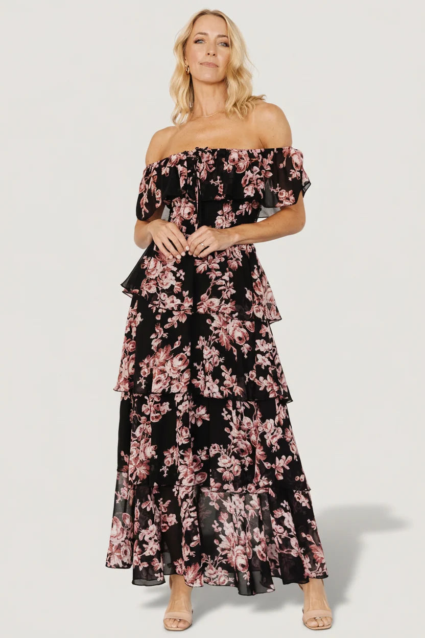 Carina Off Shoulder Maxi Dress | Black + Mauve Floral Main image