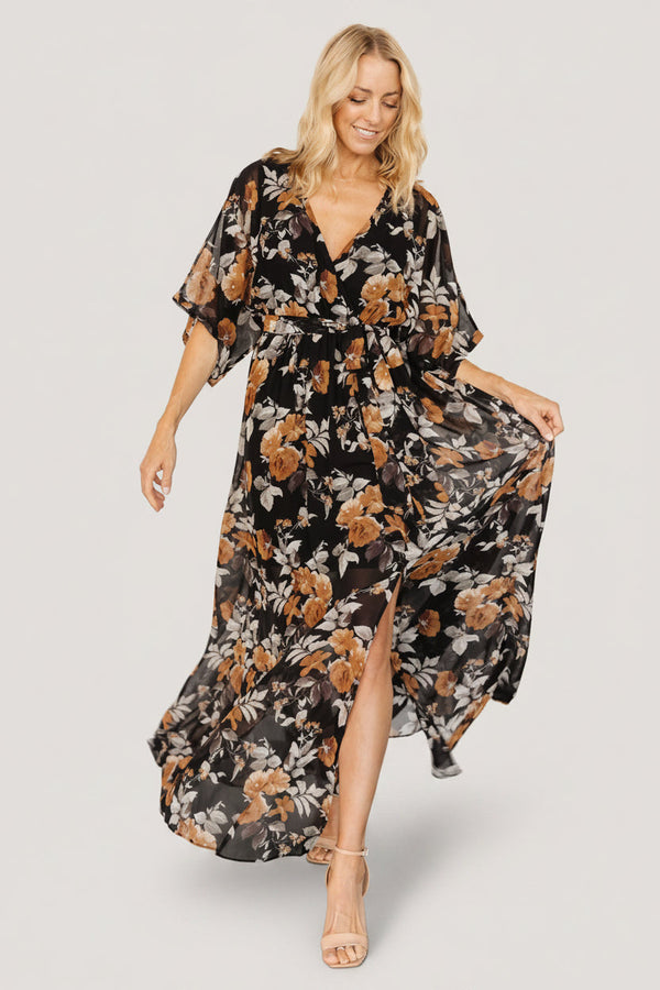 Kia Kimono Maxi Dress | Black + Copper Floral