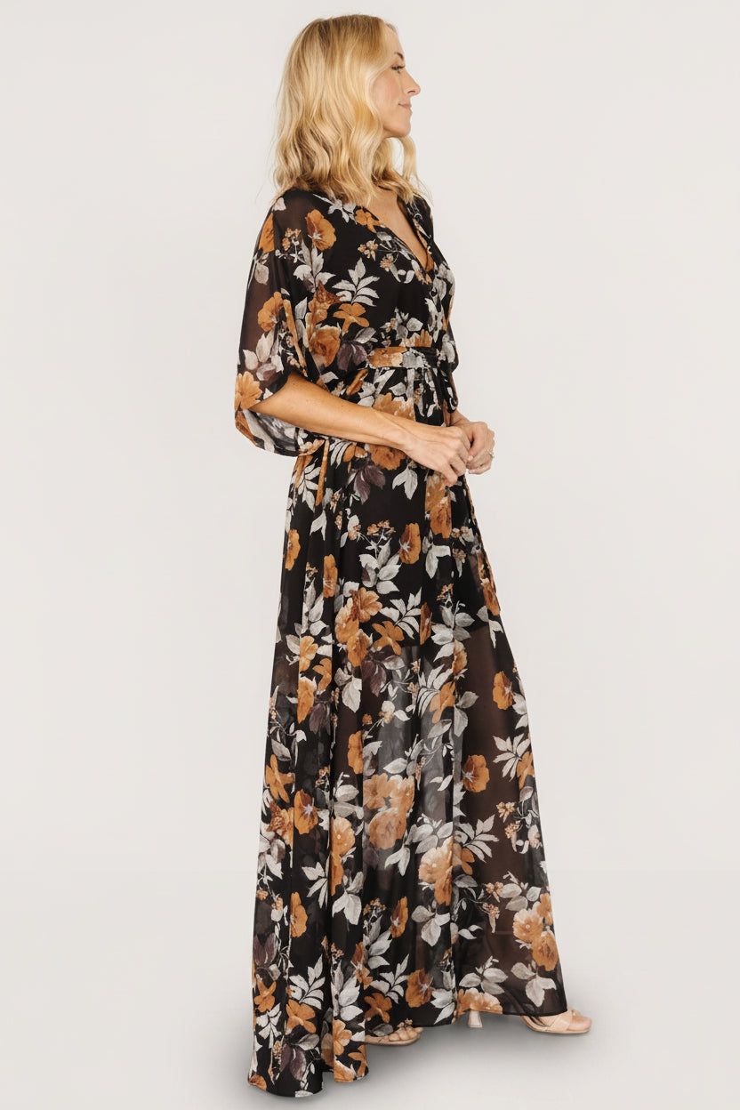 Kia Kimono Maxi Dress | Black + Copper Floral