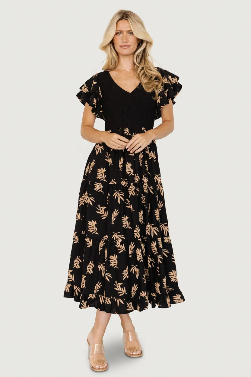 Estelle Smocked Midi Dress | Black + Tan Print Main image