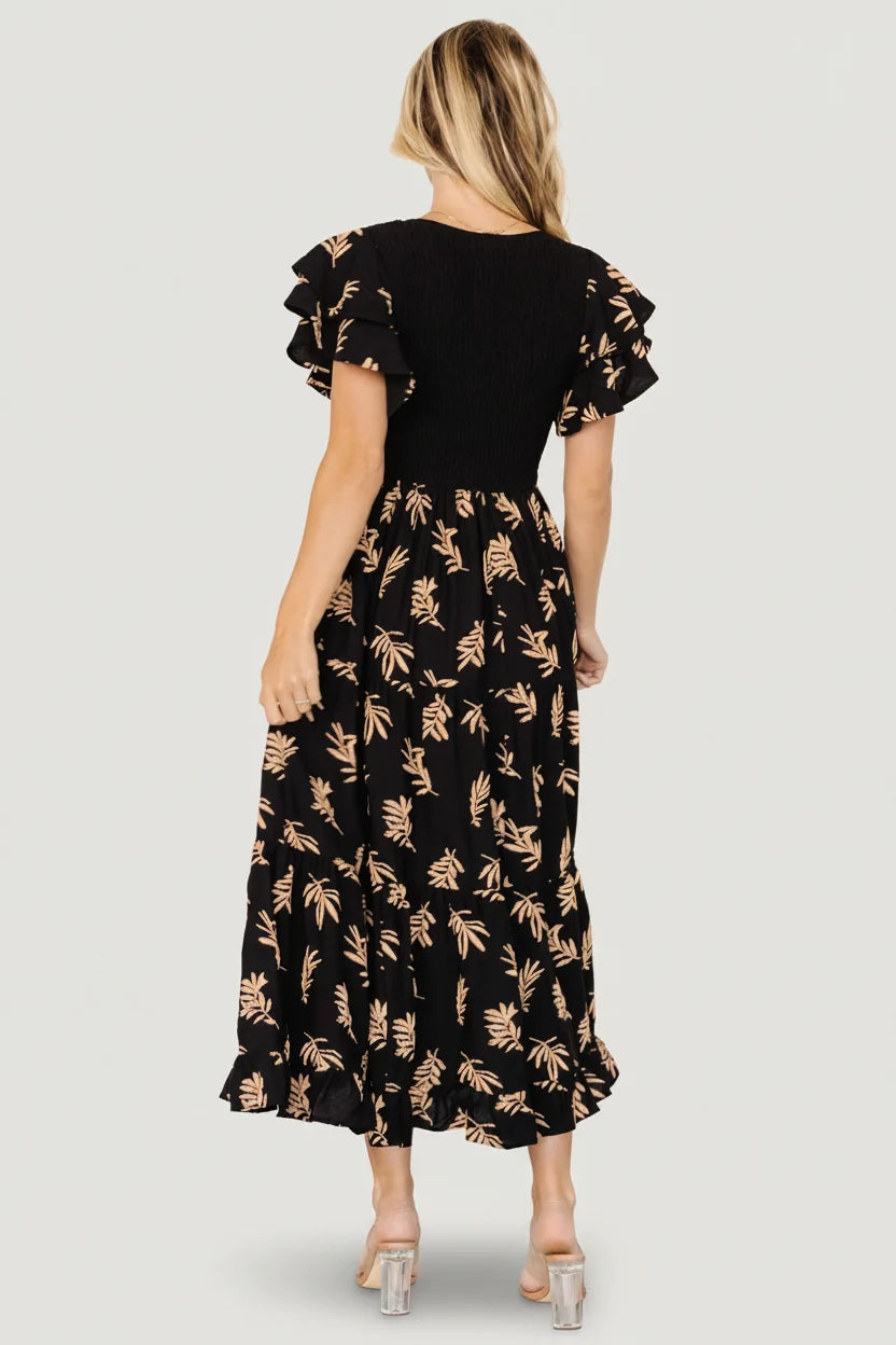 Estelle Smocked Midi Dress | Black + Tan Print