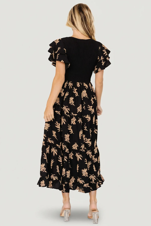 Estelle Smocked Midi Dress | Black + Tan Print