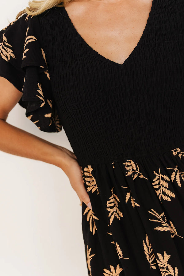 Estelle Smocked Midi Dress | Black + Tan Print