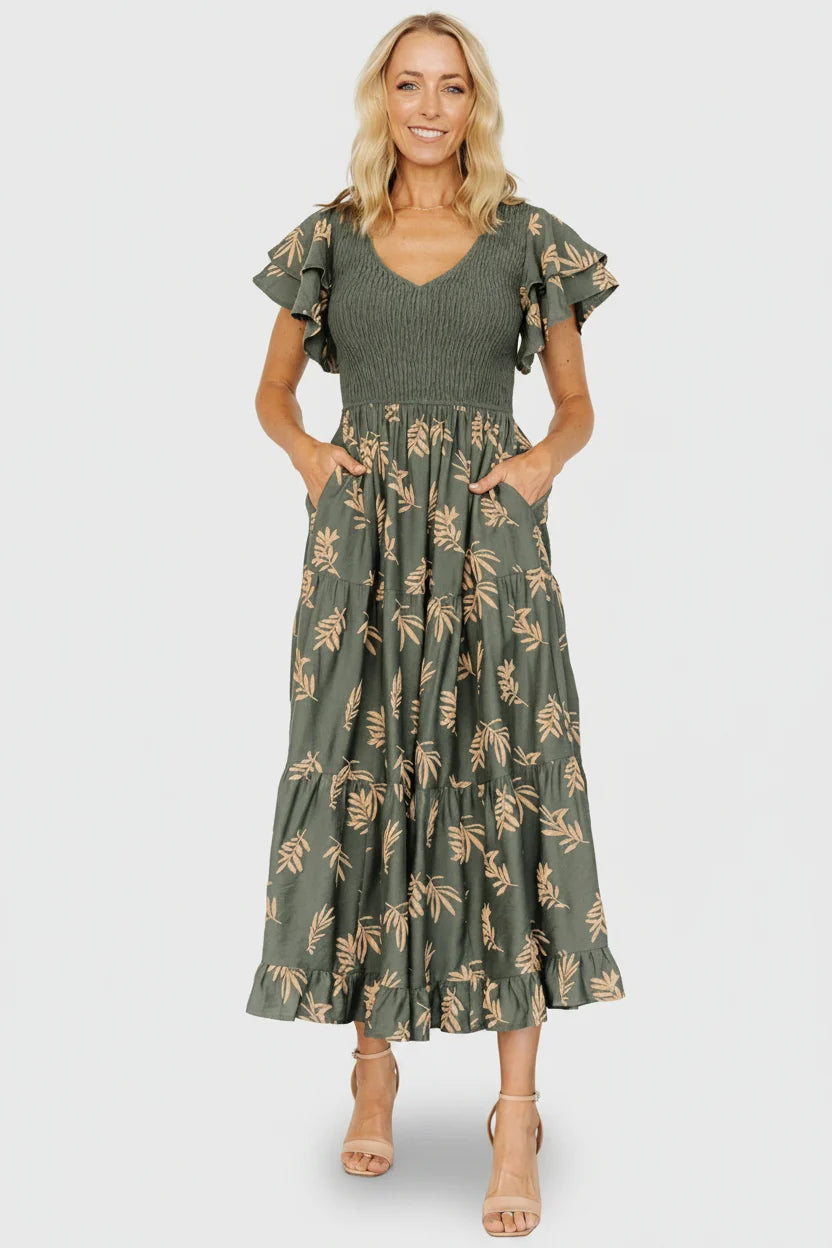 Estelle Smocked Midi Dress | Green + Tan Print Main image