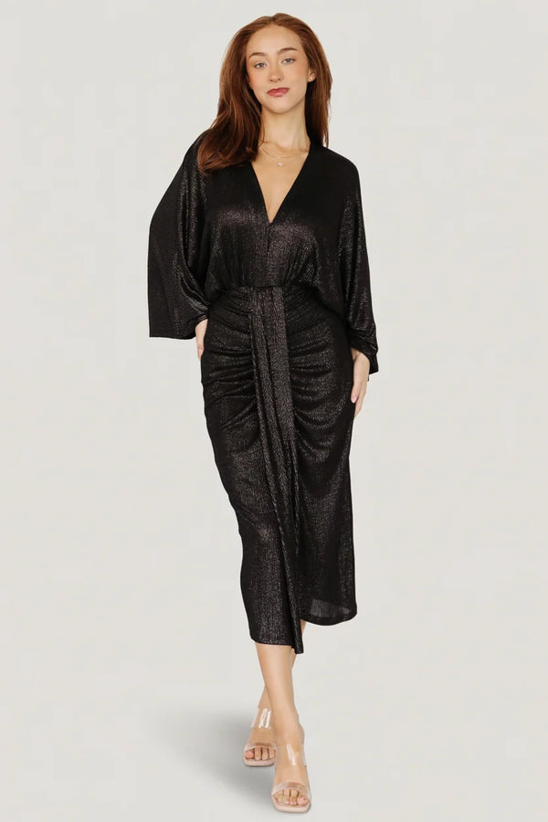 Ciara Ruched Midi Dress | Black Metallic