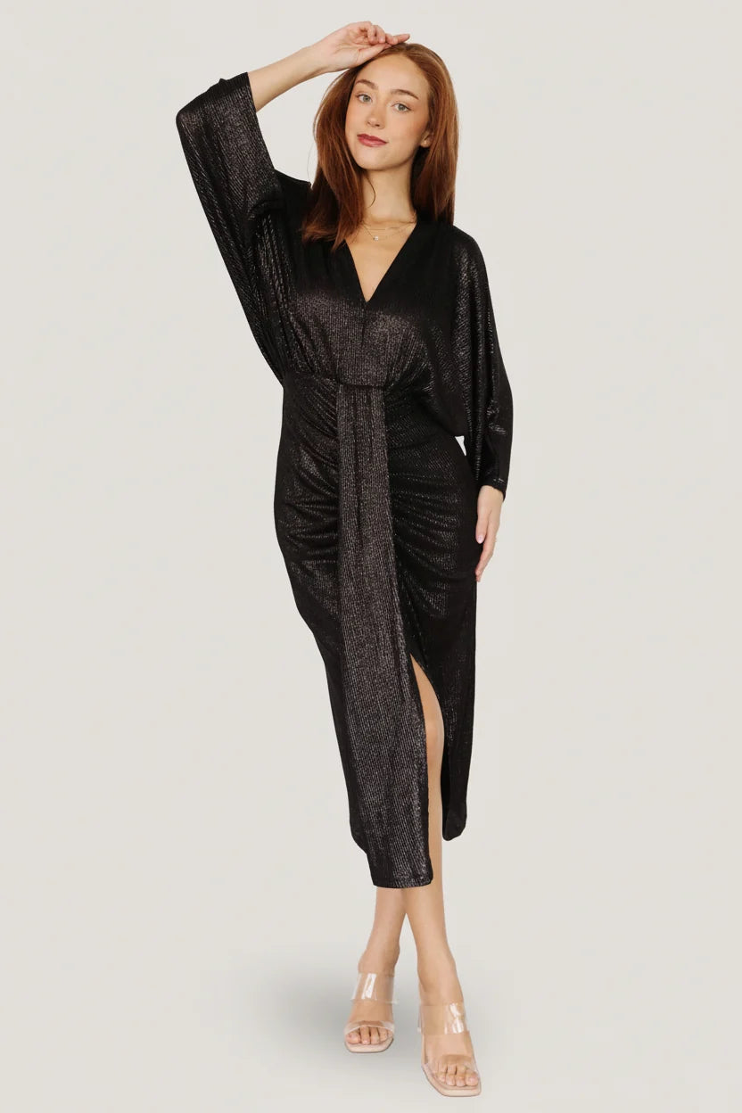 Ciara Ruched Midi Dress | Black Metallic