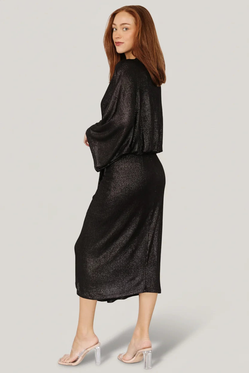 Ciara Ruched Midi Dress | Black Metallic