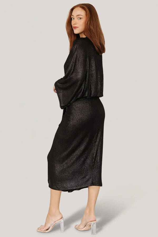 Ciara Ruched Midi Dress | Black Metallic