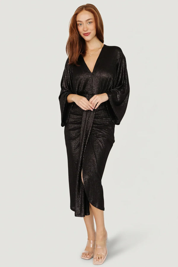 Ciara Ruched Midi Dress | Black Metallic