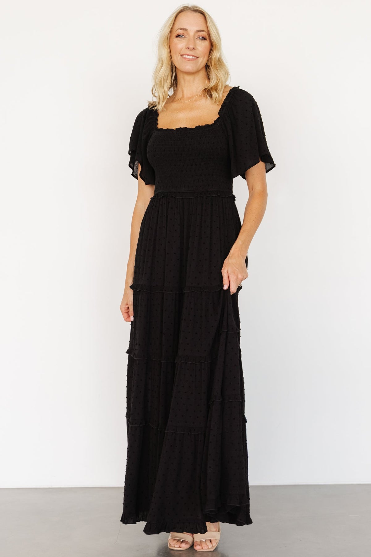 Lenora Smocked Dotted Maxi Dress | Black Main image