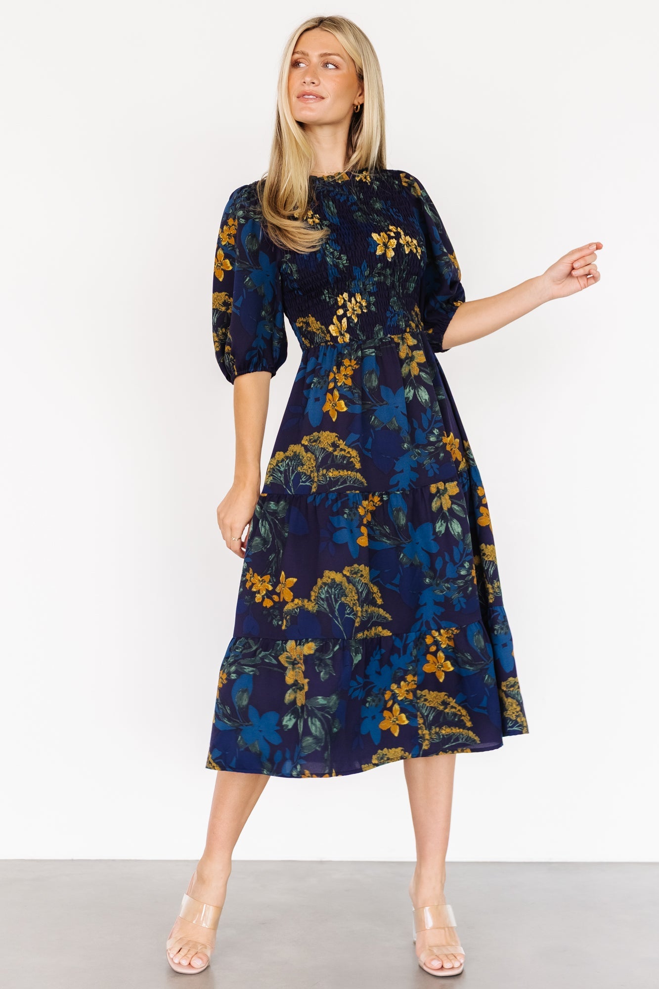 Lena Tiered Midi Dress | Navy + Gold Floral Secondary image