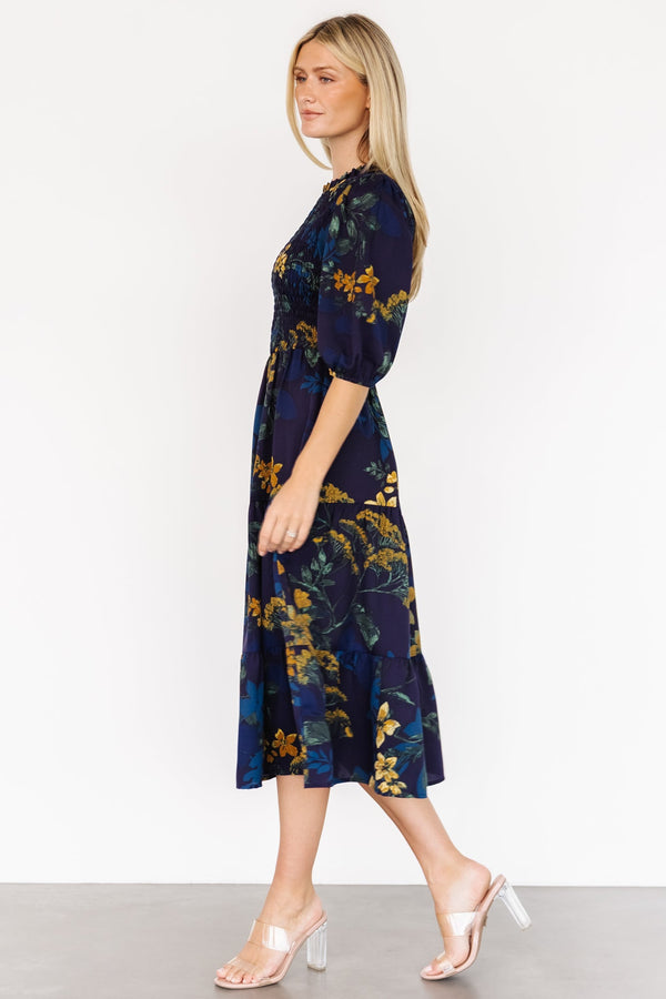 Lena Tiered Midi Dress | Navy + Gold Floral