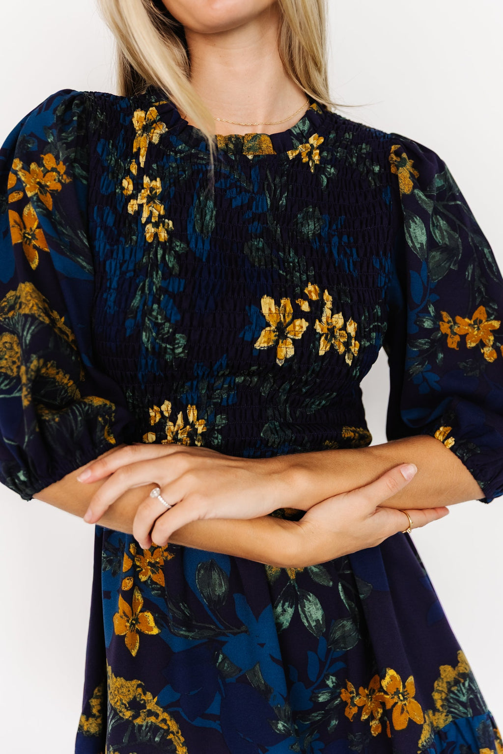 Lena Tiered Midi Dress | Navy + Gold Floral