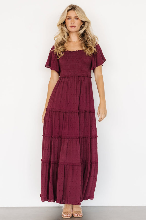 Lenora Smocked Dotted Maxi Dress | Wine