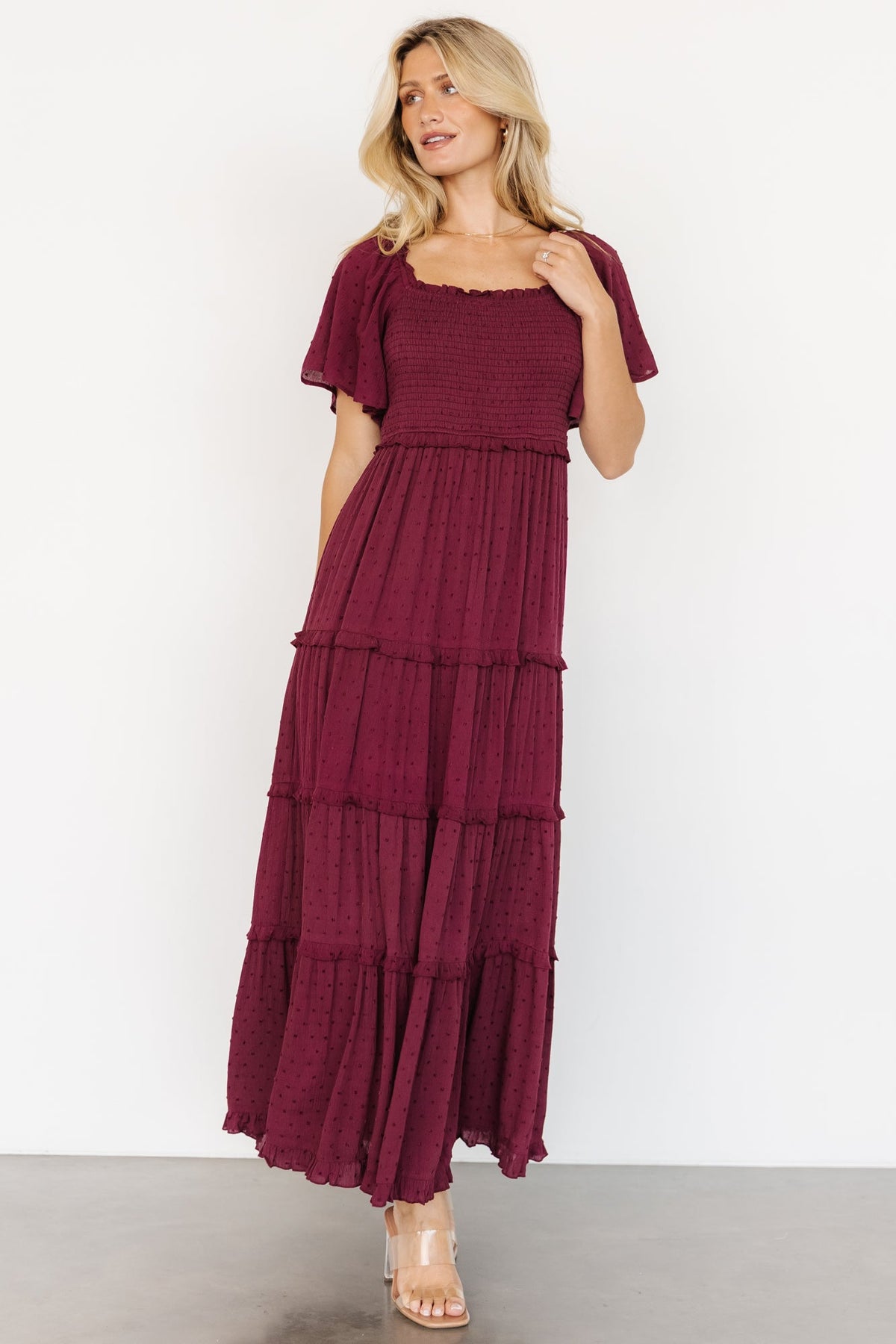 Lenora Smocked Dotted Maxi Dress | Wine Main image