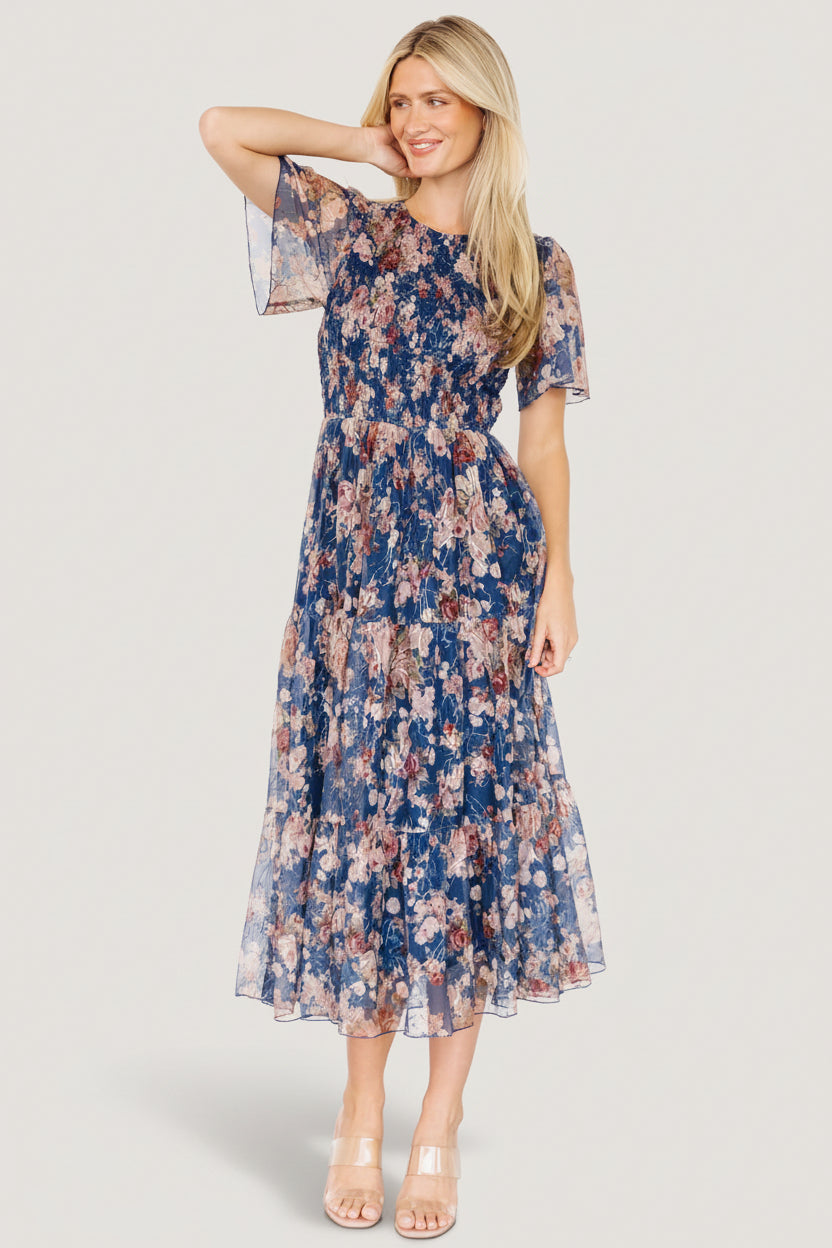 Mara Embroidered Tulle Dress | Dark Blue Multi Floral Main image