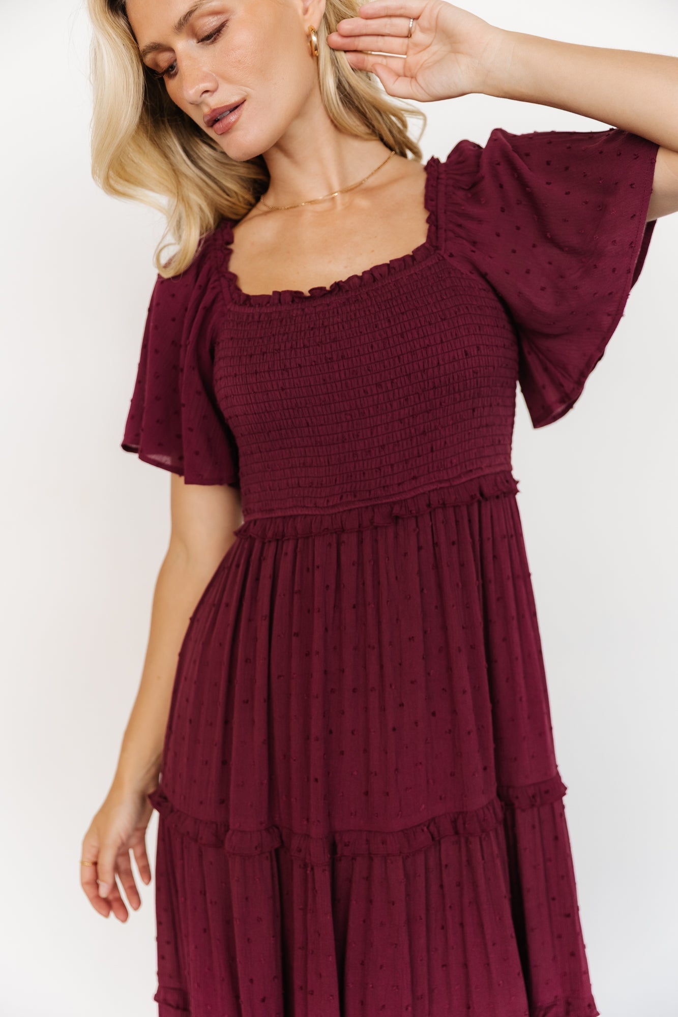 Lenora Smocked Dotted Maxi Dress | Wine Secondary image