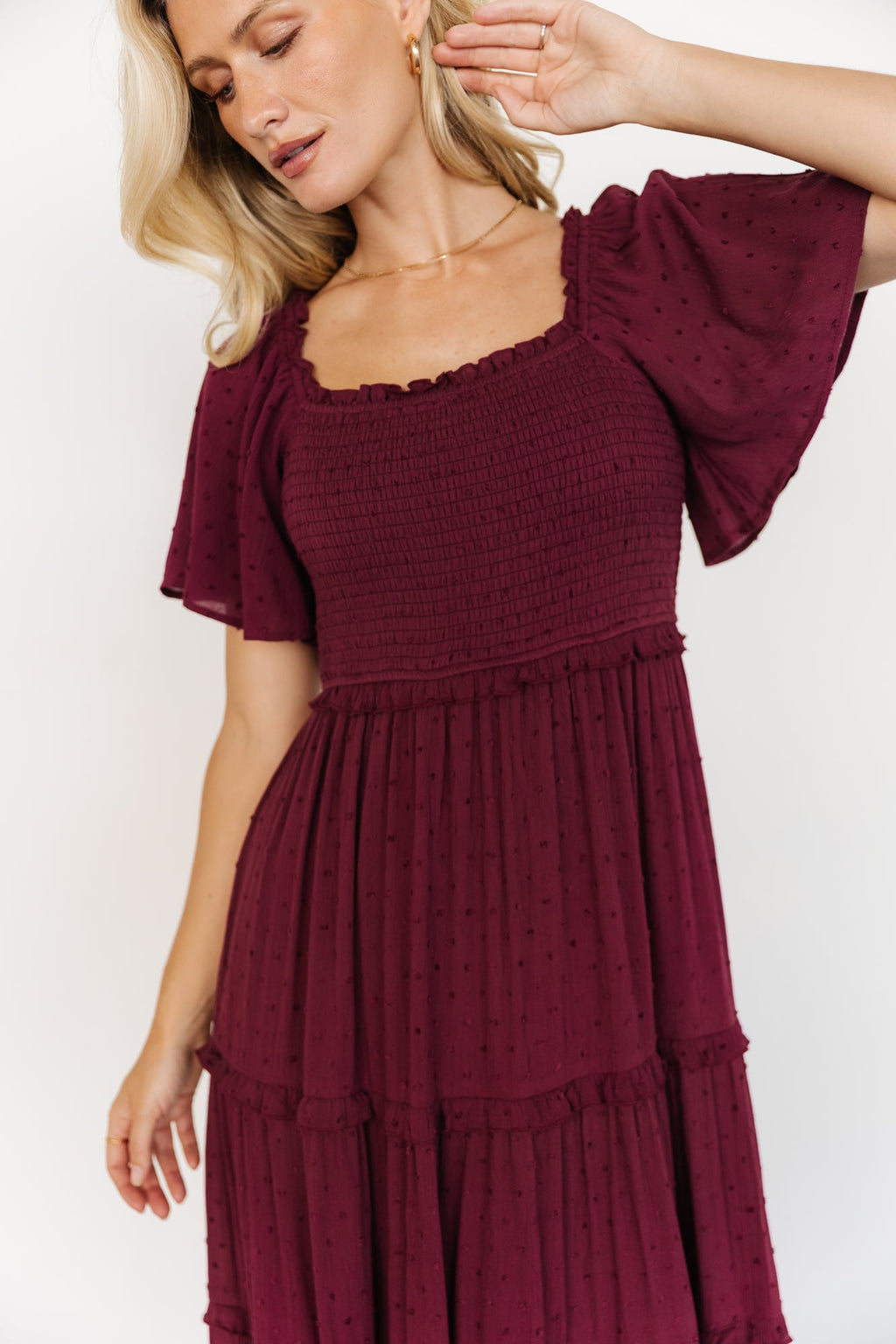 Lenora Smocked Dotted Maxi Dress | Wine