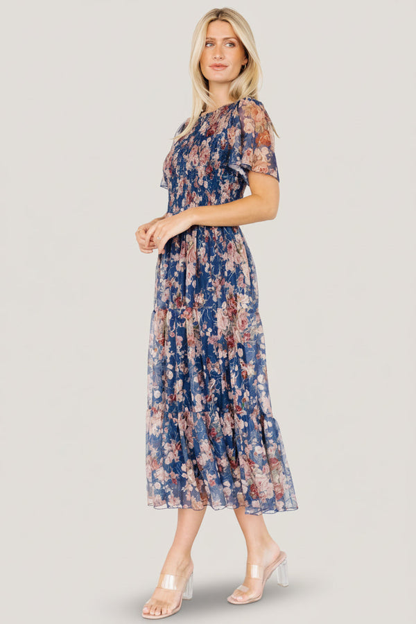 Mara Embroidered Tulle Dress | Dark Blue Multi Floral