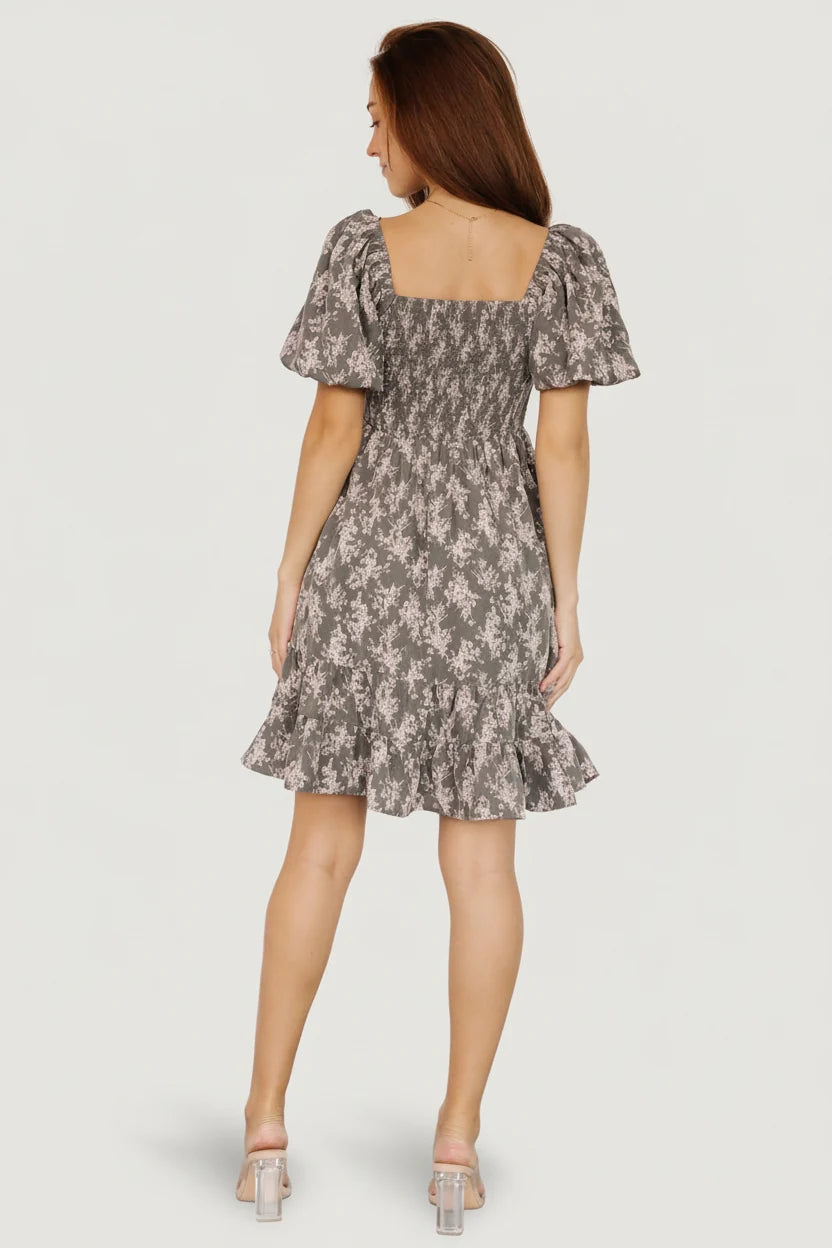 Anastasia Bow Short Dress | Dusty Olive Print Secondary image