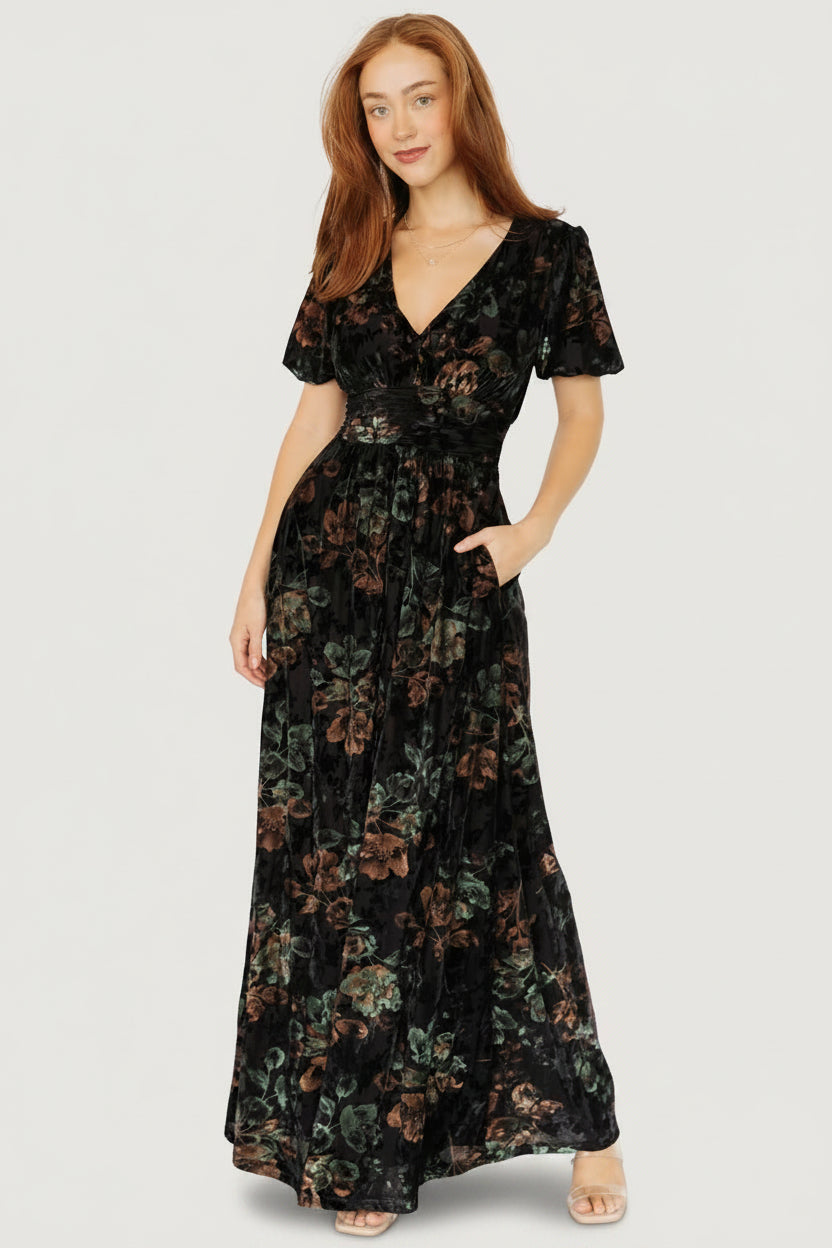 Leslie Velvet Maxi Dress | Black + Deep Jade Floral Main image