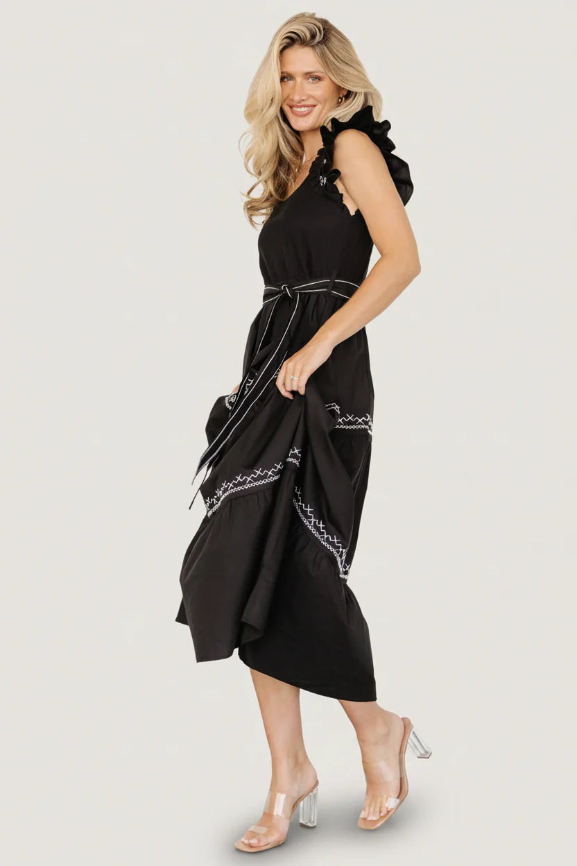 Elisa Embroidered Midi Dress | Black