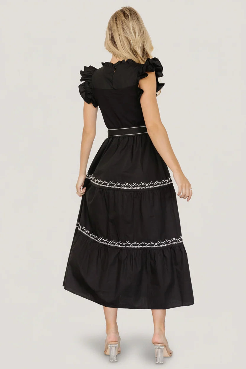 Elisa Embroidered Midi Dress | Black