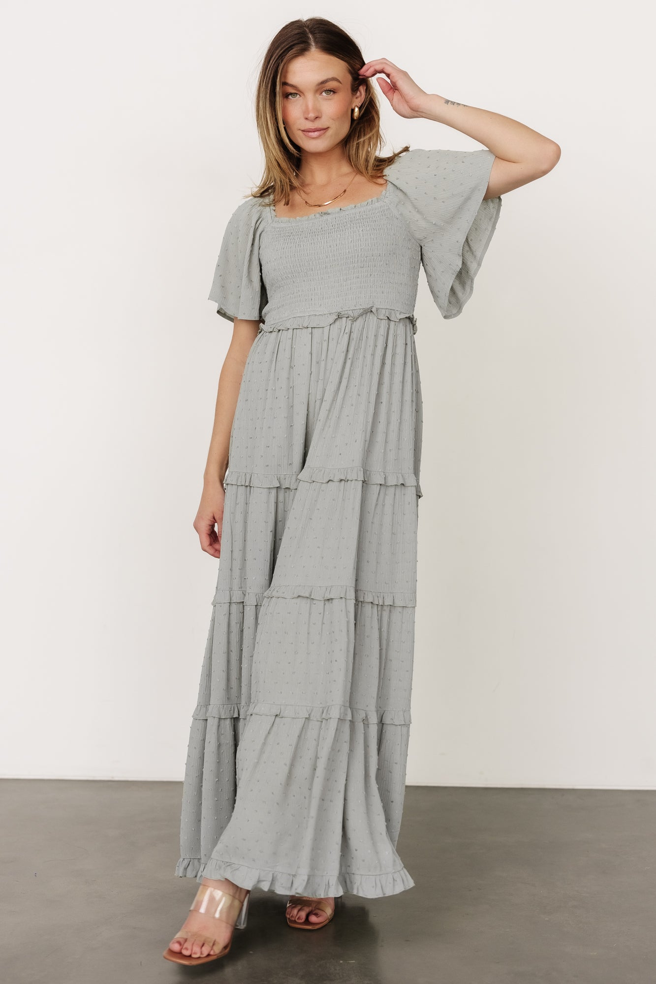 Lenora Smocked Dotted Maxi Dress | Sage Secondary image
