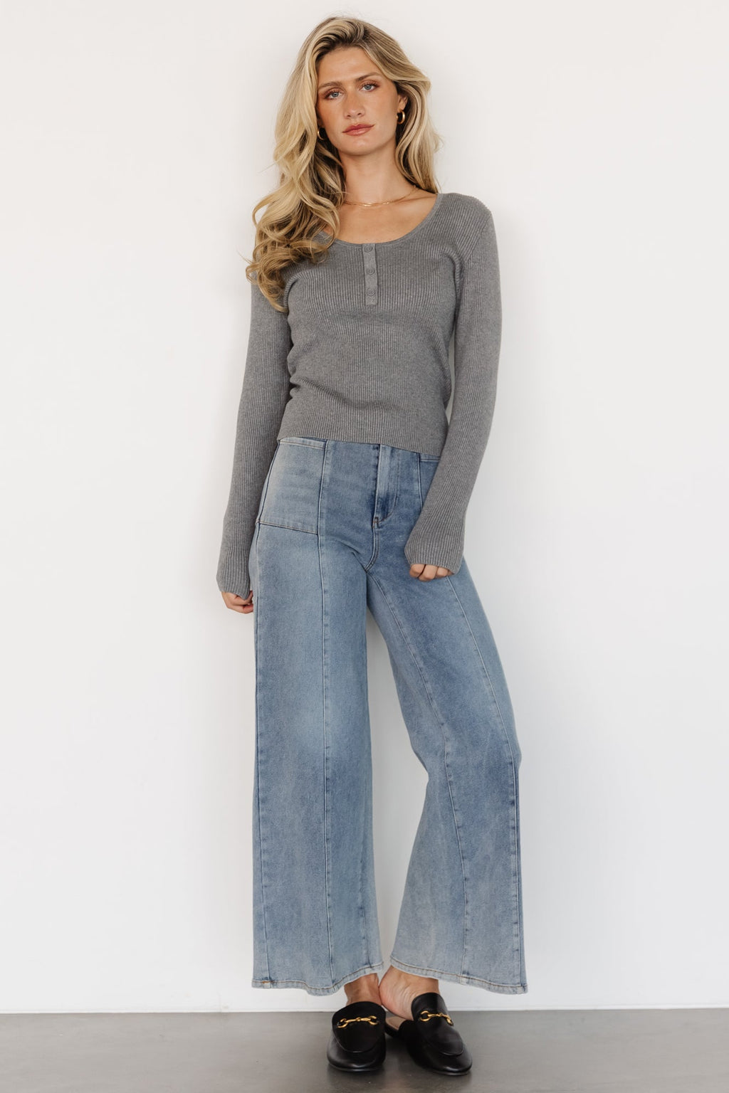 Leo Ribbed Henley Top | Gray