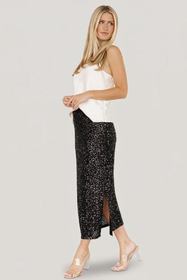 Charmed Sequin Midi Skirt | Black