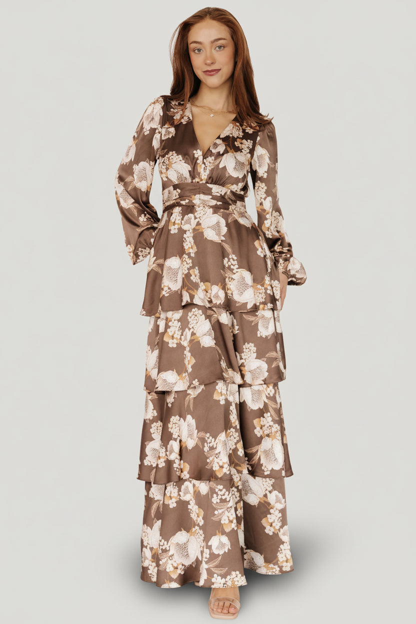 Montrouge Tiered Satin Dress | Mocha Floral Main image