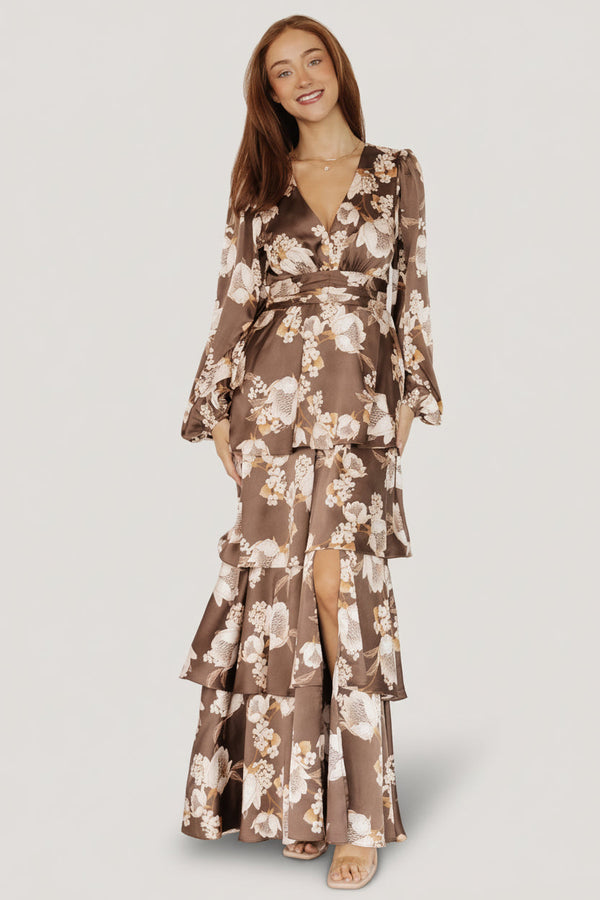 Montrouge Tiered Satin Dress | Mocha Floral