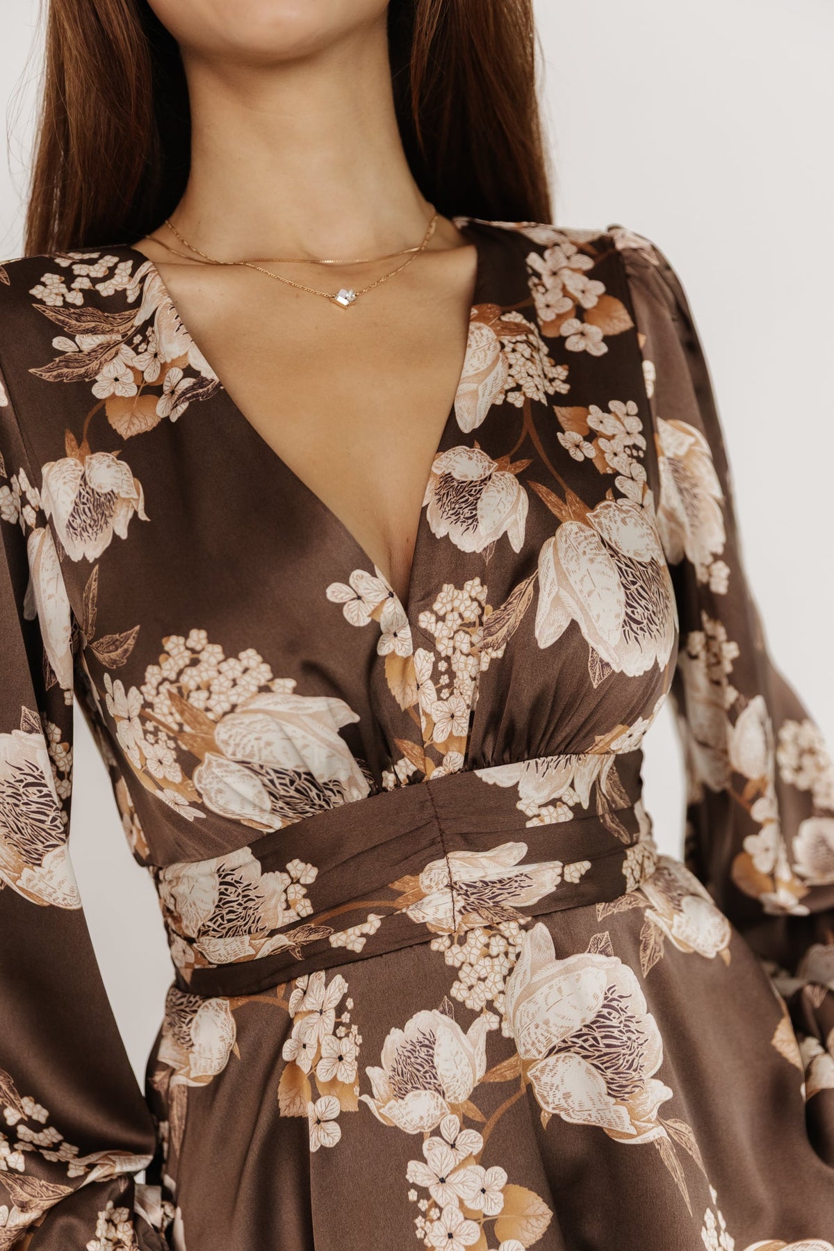 Montrouge Tiered Satin Dress | Mocha Floral