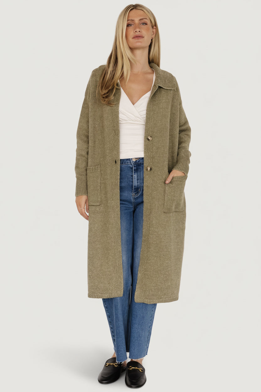 Ontario Long Button Cardigan | Olive Main image