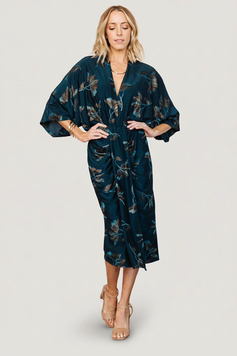 Shaneen Ruched Midi Dress | Jade Floral Shimmer Main image