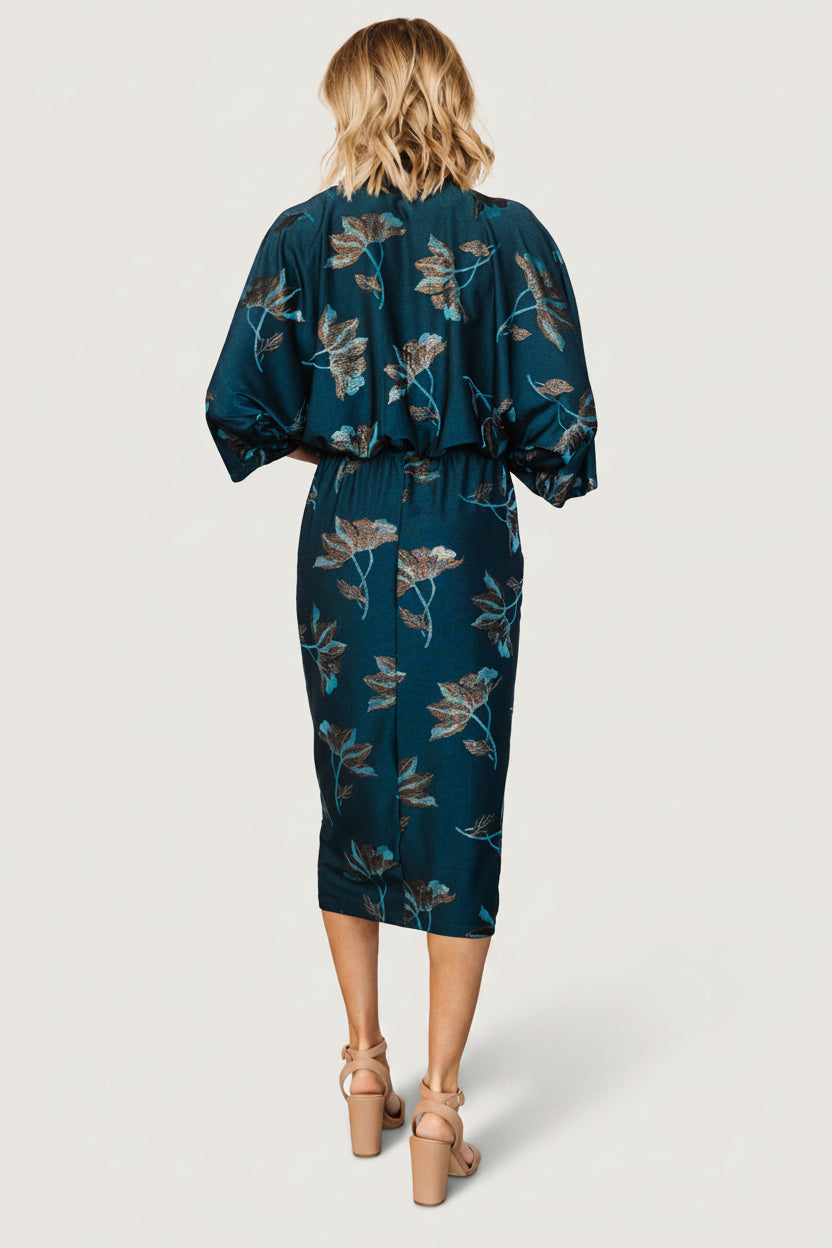 Shaneen Ruched Midi Dress | Jade Floral Shimmer