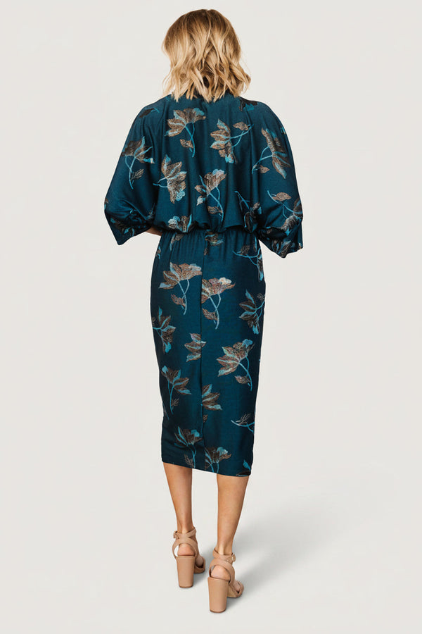 Shaneen Ruched Midi Dress | Jade Floral Shimmer