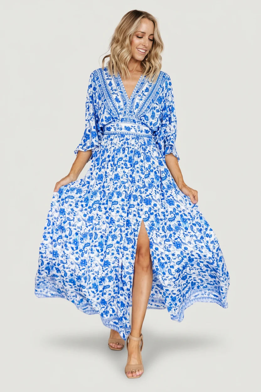 Watson Kimono Maxi Dress | Blue + White