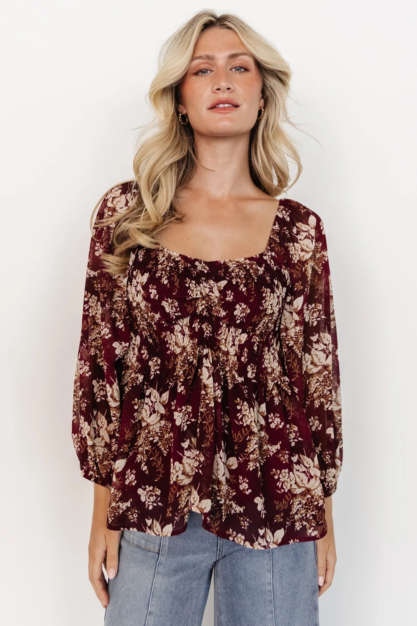 Fenna Smocked Top | Burgundy Floral Secondary image